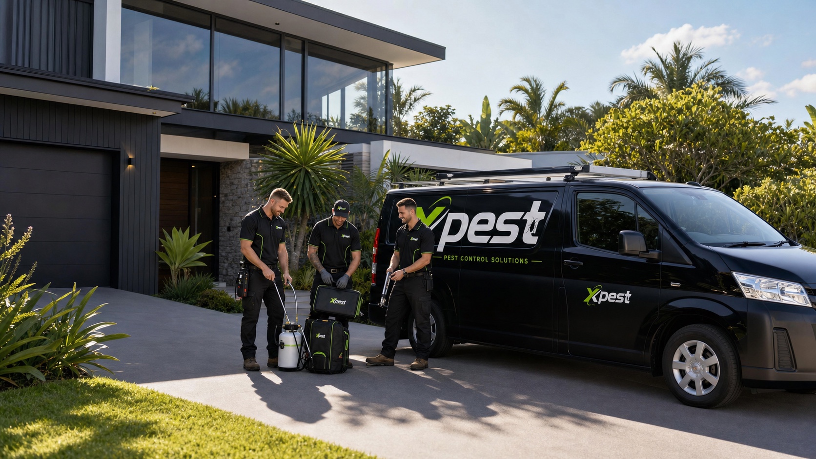 Three Xpest pest control technicians beside a branded service van at a Sunshine Coast home