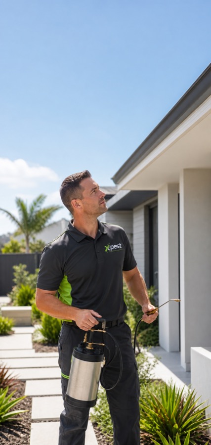 Xpest pest control technician inspecting a Sunshine Coast home exterior